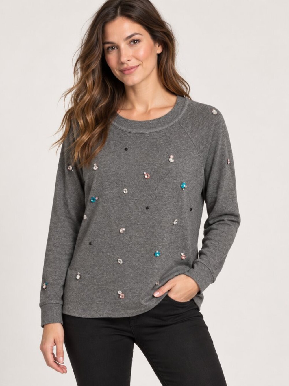 Pleione Gray Multicolor Crystal Embellished Sweatshirt NWT- S